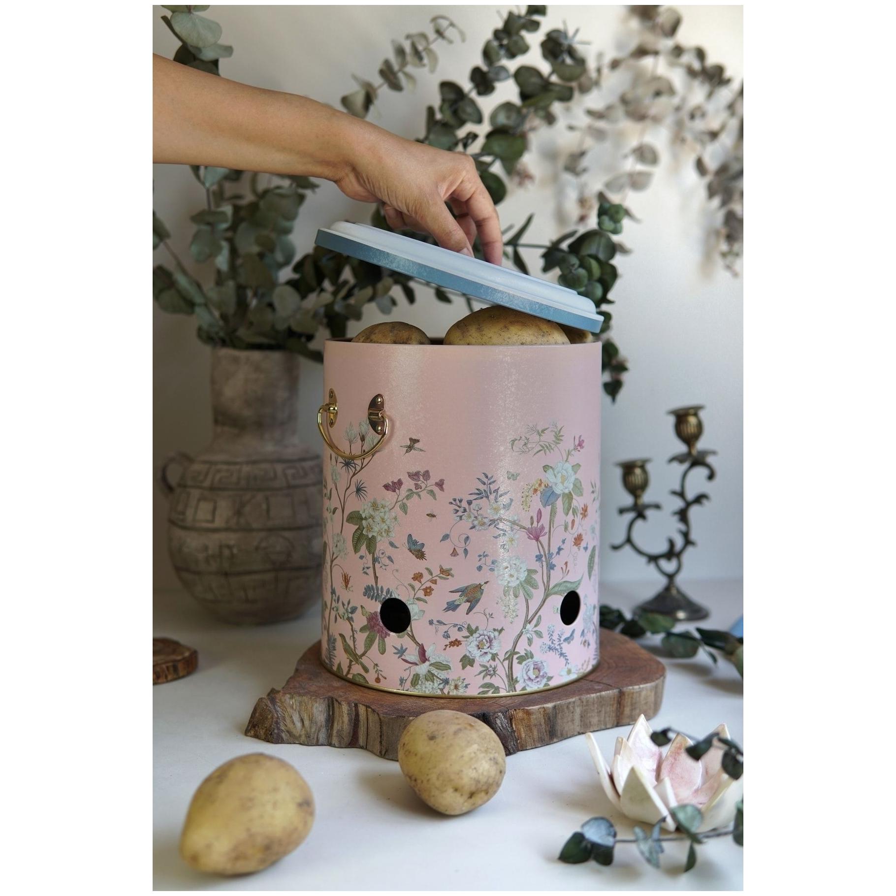 Ø225x240 mm Metal Patates ve Soğan Saklama Kabı 9L Çiçek Desenli Pastel Pembe — Patates Soğan ve Sarımsak Saklama Kabı — g…