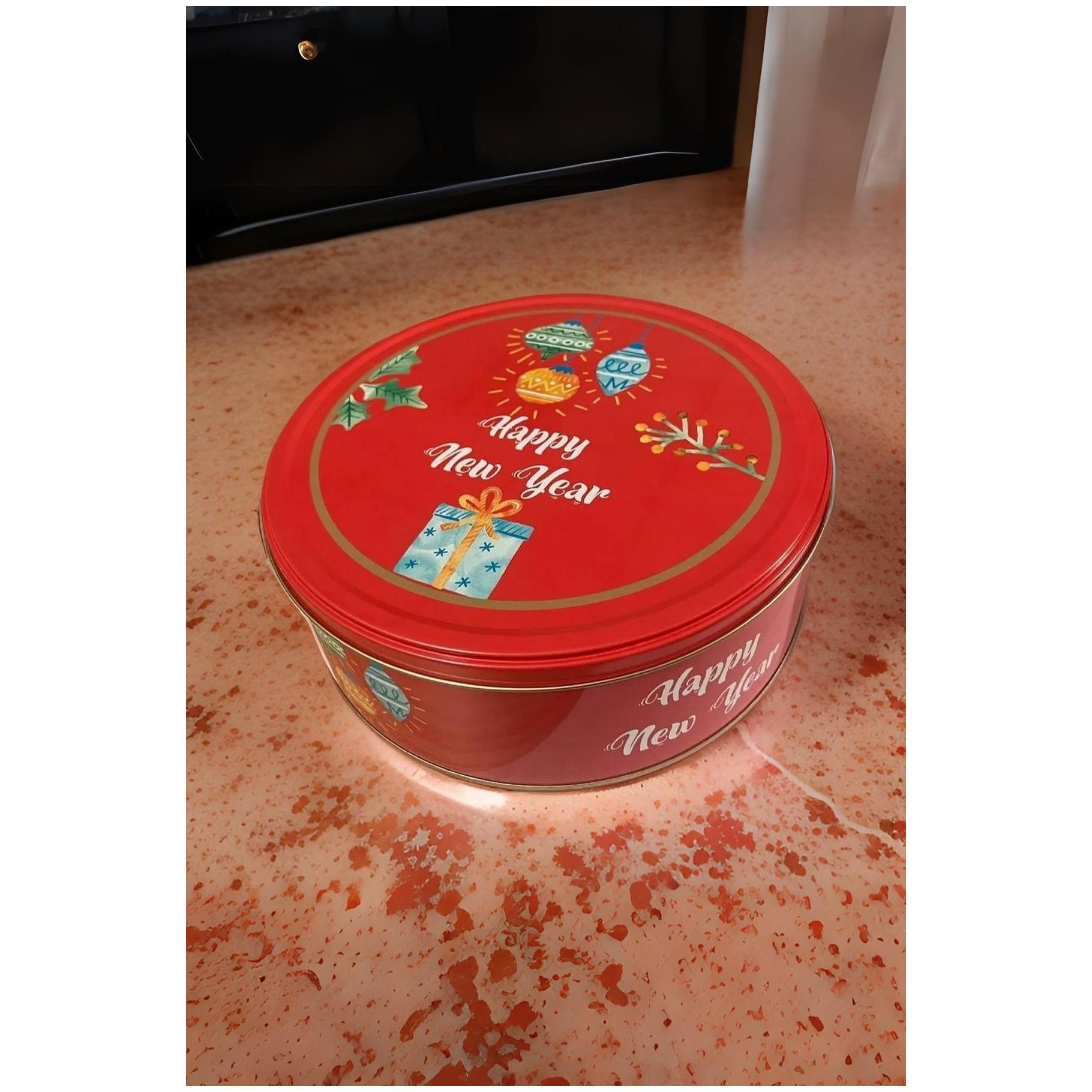 Ø240x80 mm Yuvarlak Metal Kutu 3.6L Kayar Kapaklı Mutlu Yeni Yıl — Yuvarlak Kutular — Tinbox