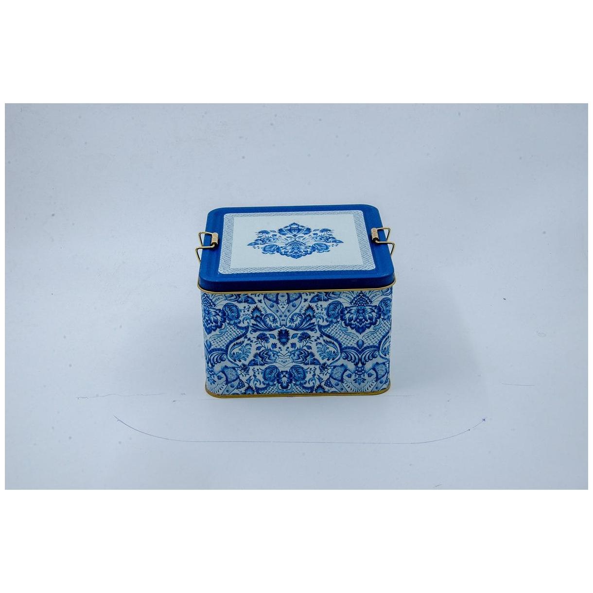 158x158x110 mm Kare Metal Saklama Kutusu, 2,5 L, Tel Tokalı ve Şeffaf Kapaklı, Azulejo Esintili Mavi ve Beyaz Dekoratif De…
