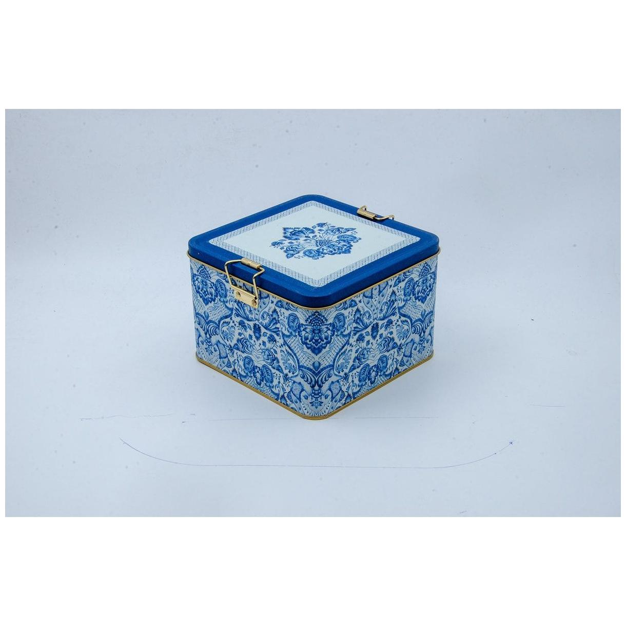 158x158x110 mm Kare Metal Saklama Kutusu, 2,5 L, Tel Tokalı ve Şeffaf Kapaklı, Azulejo Esintili Mavi ve Beyaz Dekoratif De…
