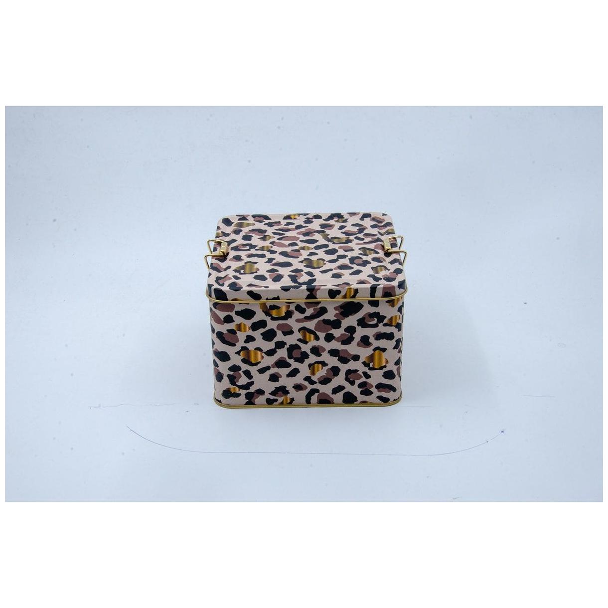 158x158x110 mm Kare Metal Saklama Kutusu 2,5 L Tel Tokalı ve Şeffaf Kapaklı Altın Leopar Desenli — Kare Kutular — görsel 2…