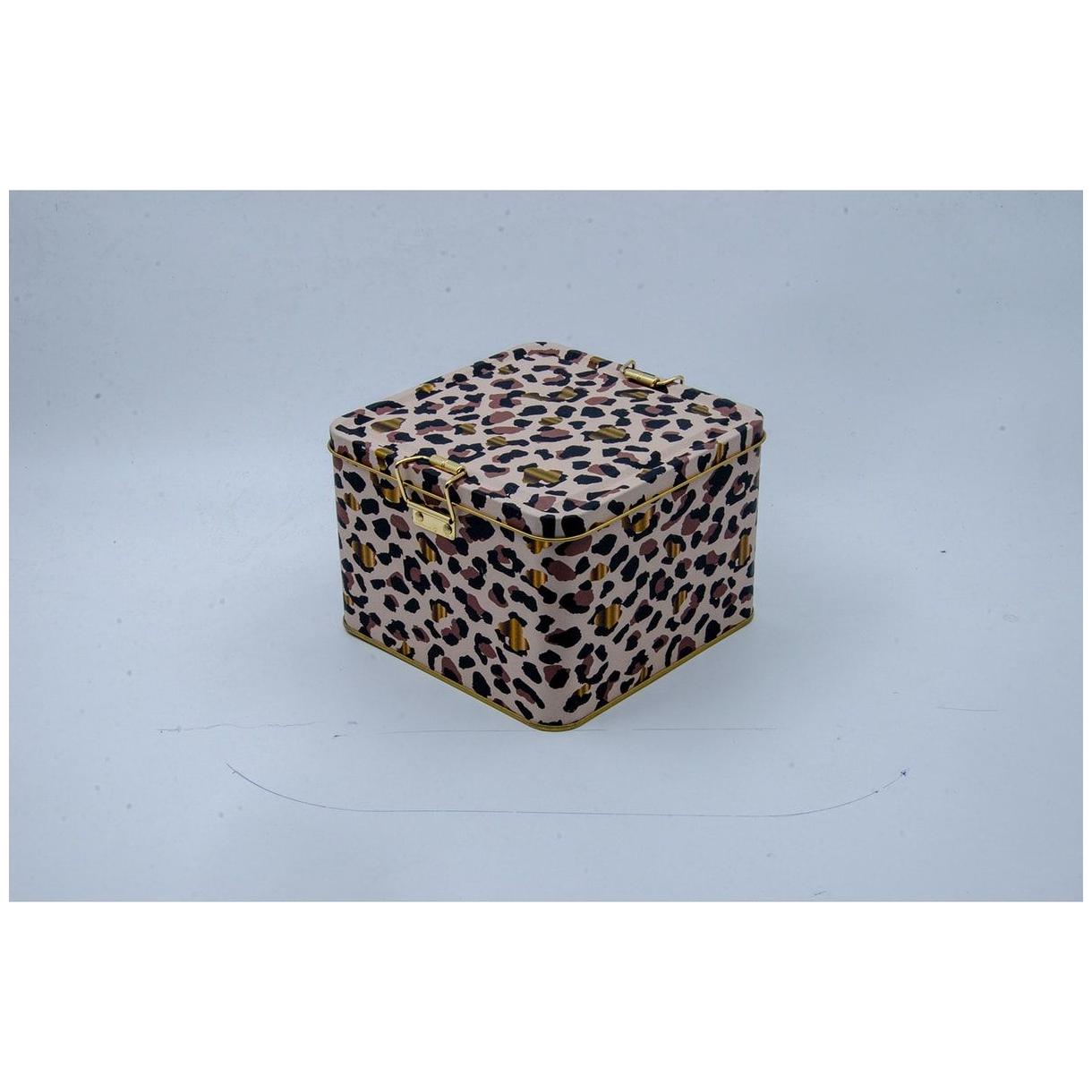 158x158x110 mm Kare Metal Saklama Kutusu 2,5 L Tel Tokalı ve Şeffaf Kapaklı Altın Leopar Desenli — Kare Kutular — görsel 3…