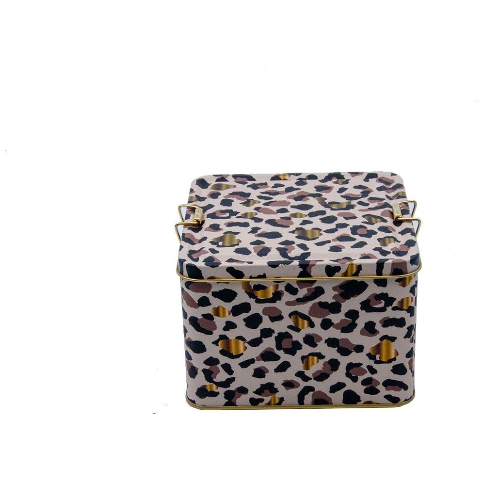 158x158x110 mm Kare Metal Saklama Kutusu 2,5 L Tel Tokalı ve Şeffaf Kapaklı Altın Leopar Desenli — Kare Kutular — Tinbox