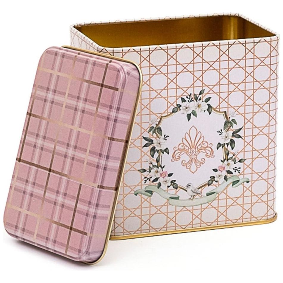 80x120x120 mm Dikdörtgen Metal Saklama Kutusu, Kayar Kapaklı, 1 Litre, Pembe Ekose Desenli — Dikdörtgen Kutular — görsel 2…