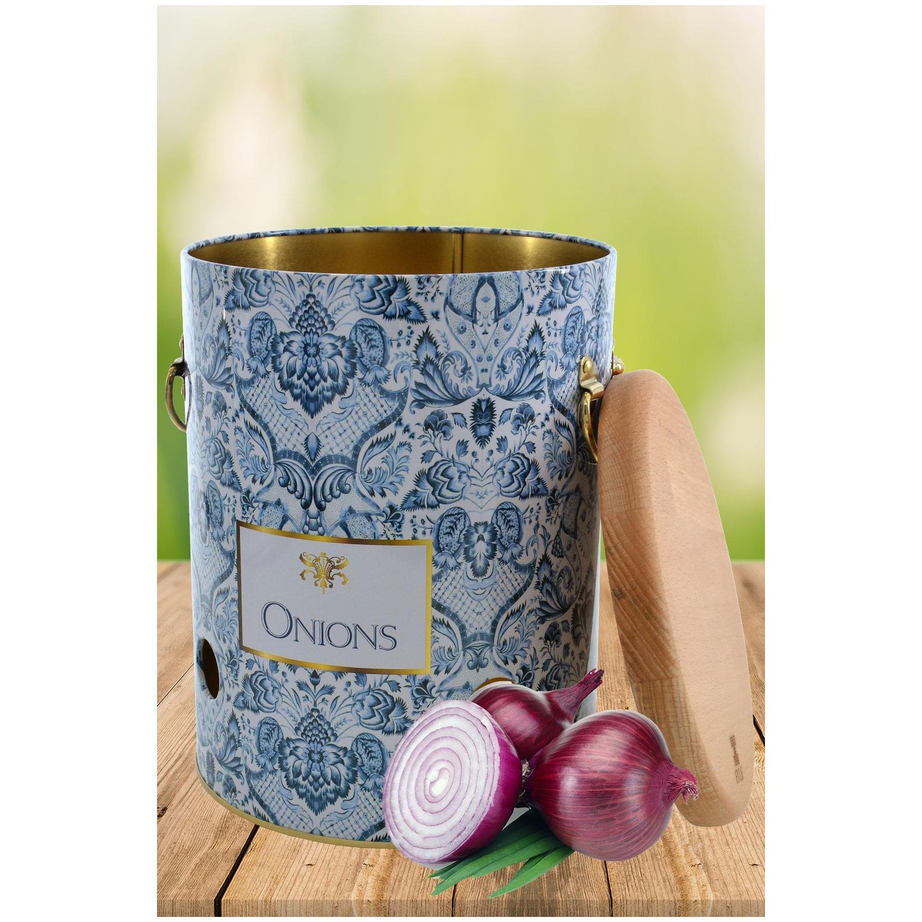 Ø175x225mm Metal Patates ve Soğan Saklama Kabı 5L Azulejo Esintili Mavi ve Beyaz Dekoratif Desenli — Tepsiler — Tinbox