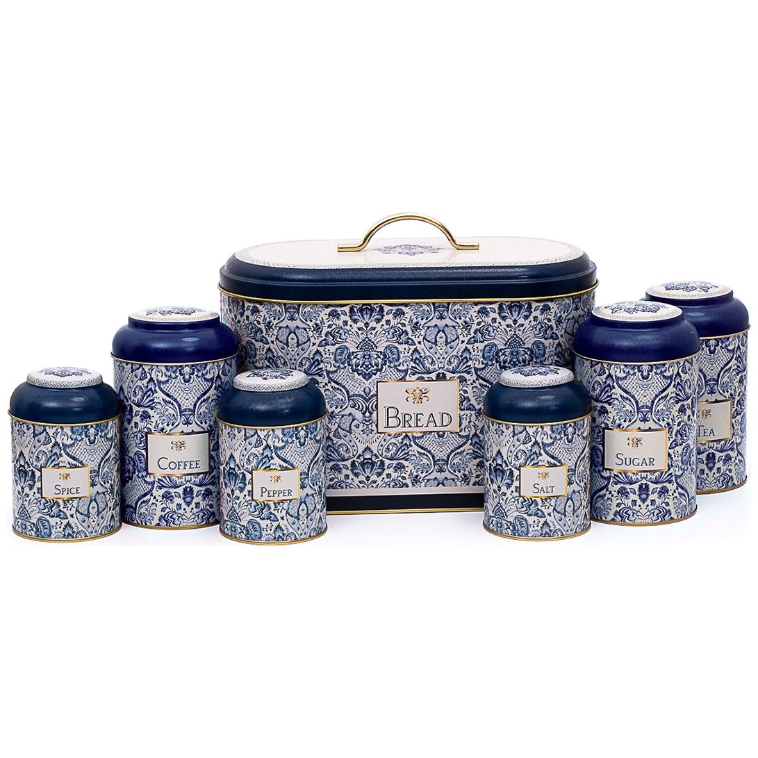 7 Parça Yuvarlak Teneke Kutu Mutfak Seti, Kubbeli Kapaklı, Azulejo Esintili Mavi ve Beyaz Dekoratif Desenli Azulejo Tasarı…