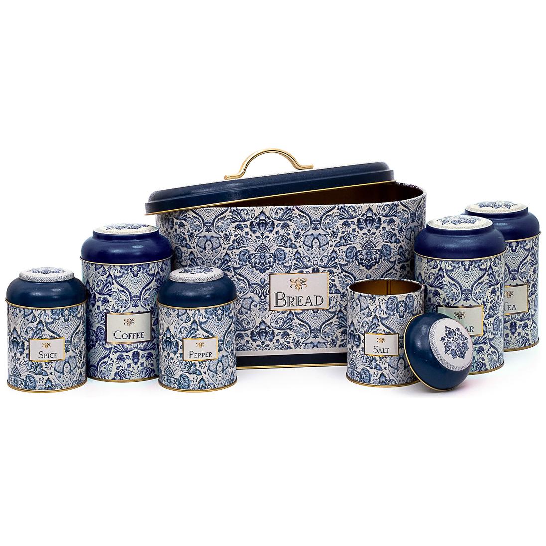 7 Parça Yuvarlak Teneke Kutu Mutfak Seti, Kubbeli Kapaklı, Azulejo Esintili Mavi ve Beyaz Dekoratif Desenli Azulejo Tasarı…