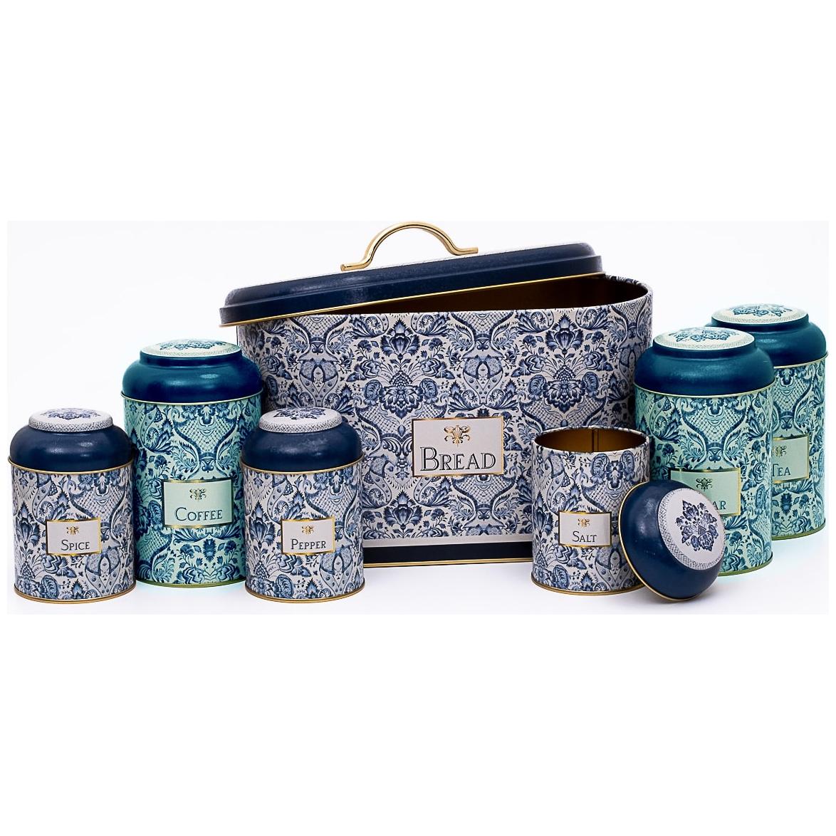 7 Parça Yuvarlak Teneke Kutu Mutfak Seti, Kubbeli Kapaklı, Azulejo Esintili Mavi ve Beyaz Dekoratif Desenli Azulejo Tasarı…