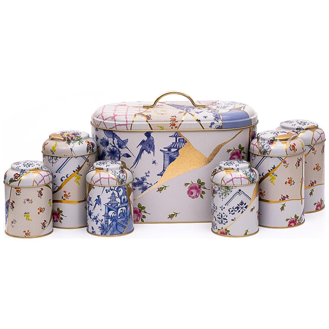 7 Parça Yuvarlak Teneke Kutu Mutfak Seti, Kubbeli Kapaklı, Kintsugi Altın Damarlı Çiçek Desenli. — Kutu Setleri — Tinbox