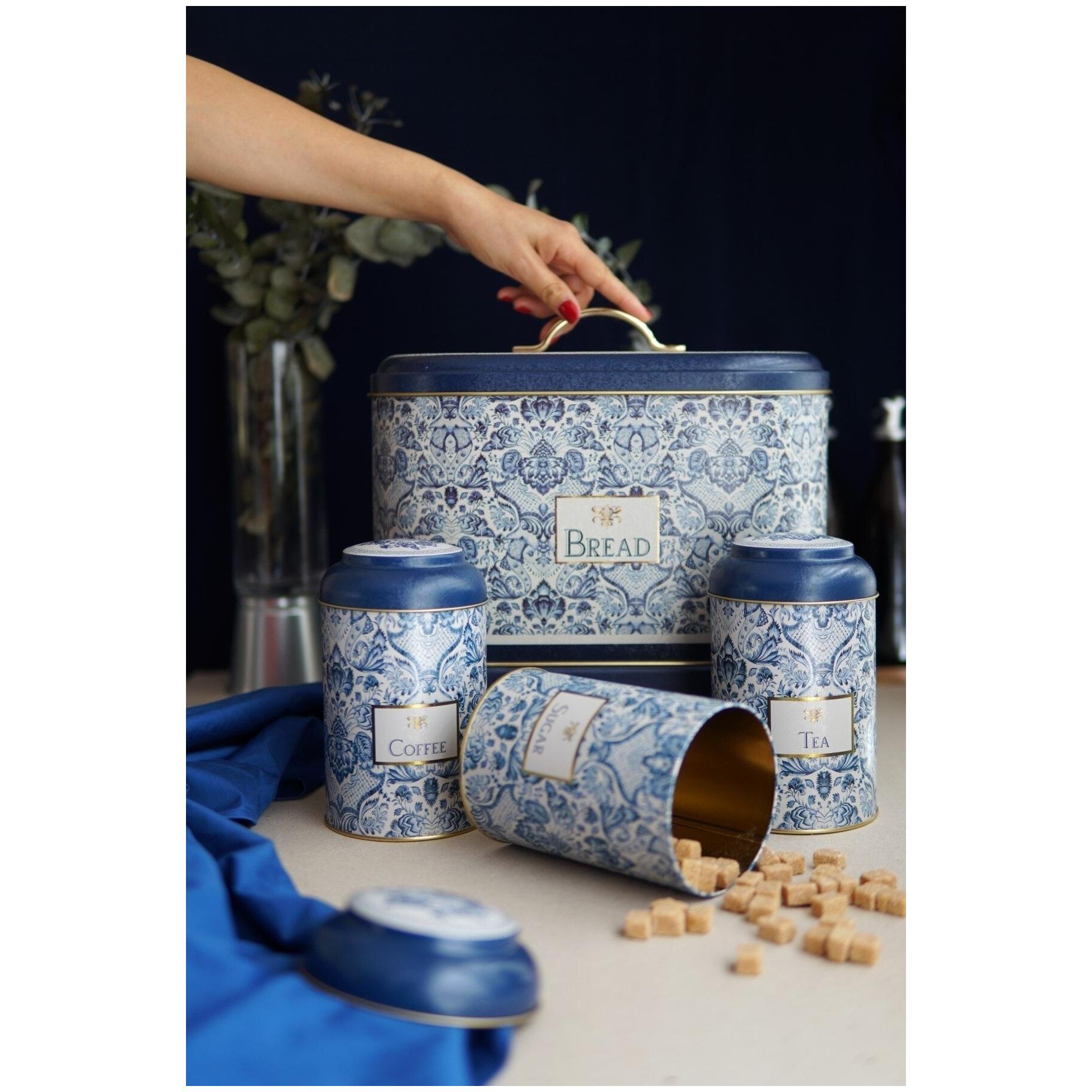 4 Parça Yuvarlak Teneke Mutfak Kutusu Seti, Kubbeli Kapaklı, Azulejo Esintili Mavi ve Beyaz Dekoratif Desenli Azulejo Tasa…