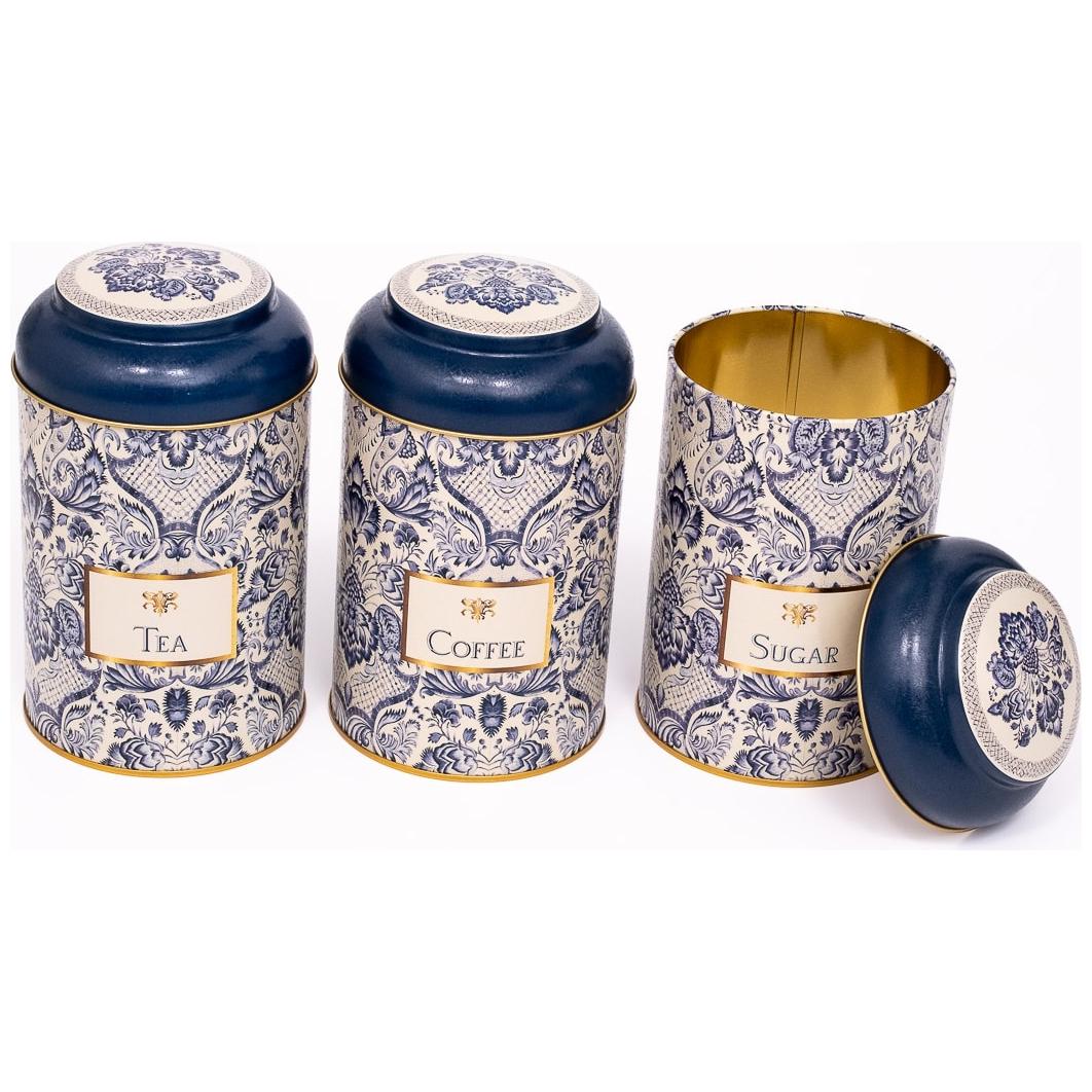 Ø105 x 150 mm Yuvarlak Metal Kutu – 1,2 L, Kubbeli Kapaklı, Azulejo Esintili Mavi ve Beyaz Dekoratif Desenli Azulejo Tasar…