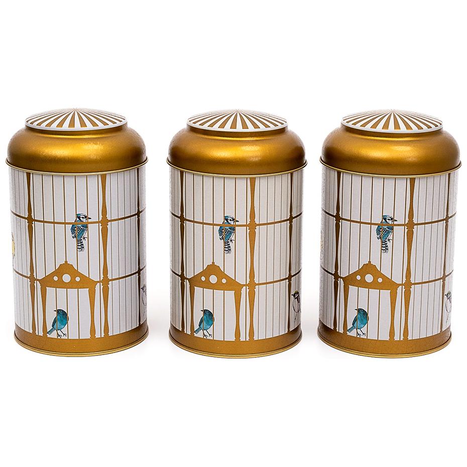 Ø105 x 150 mm Yuvarlak Metal Kutu – 1,2 L, Kubbeli Kapaklı, Renkli Kuşlarla Vintage Kuş Kafesi İllüstrasyonu, Kuş Kafesi T…