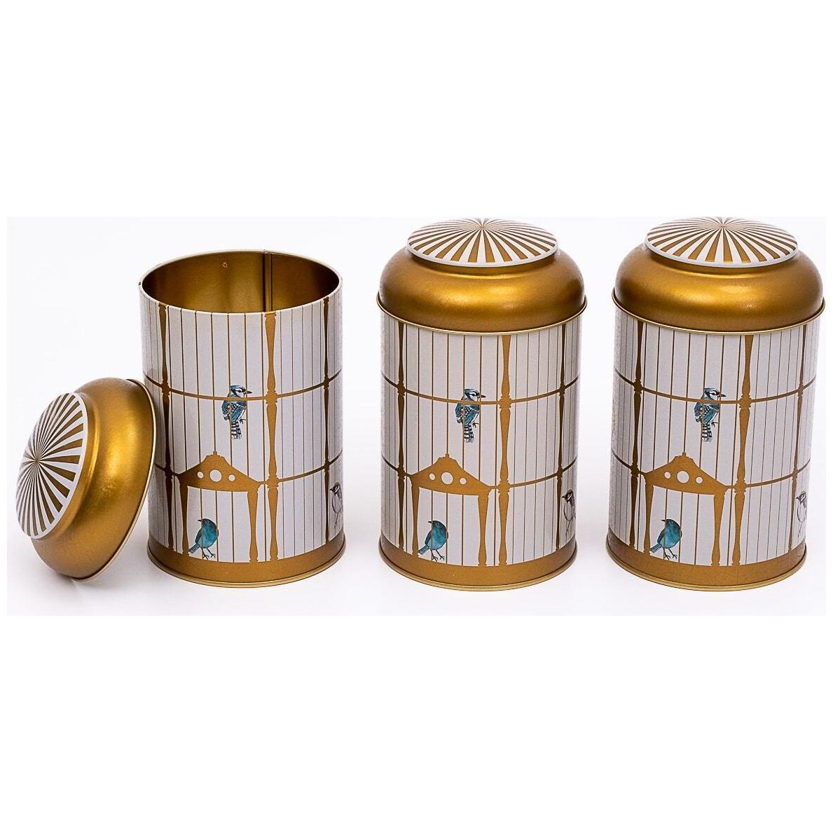 Ø105 x 150 mm Yuvarlak Metal Kutu – 1,2 L, Kubbeli Kapaklı, Renkli Kuşlarla Vintage Kuş Kafesi İllüstrasyonu, Kuş Kafesi T…