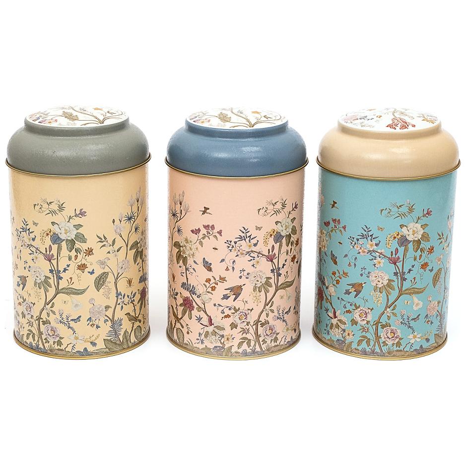 Ø105 x 150 mm Yuvarlak Metal Kutu – 1,2 L, Kubbeli Kapaklı, Çiçek Desenli, Pastel Mavi, Botanica Tasarım — Kutu Setleri — …