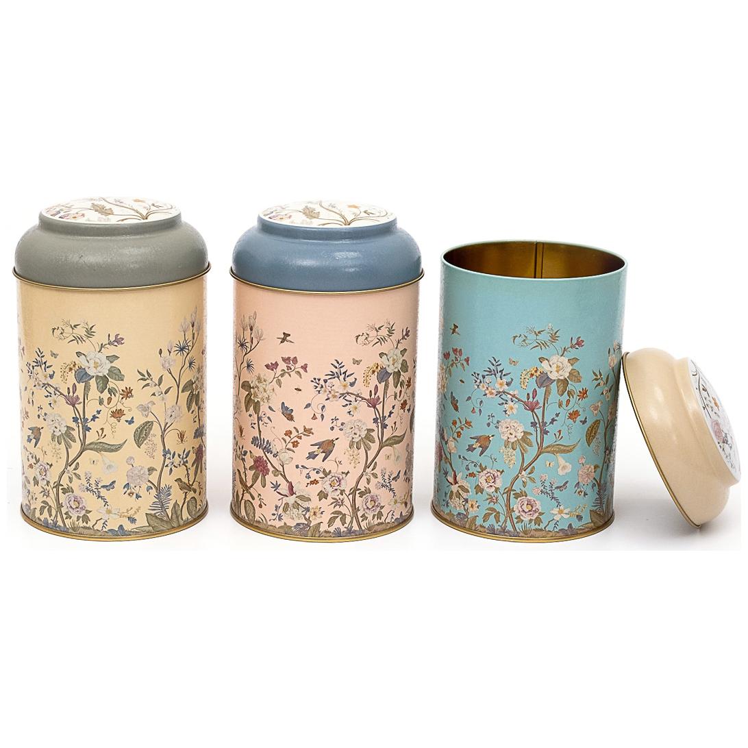Ø105 x 150 mm Yuvarlak Metal Kutu – 1,2 L, Kubbeli Kapaklı, Çiçek Desenli, Pastel Mavi, Botanica Tasarım — Kutu Setleri — …