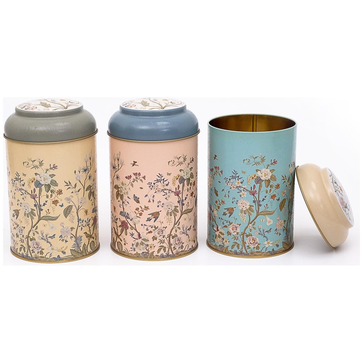 Ø105 x 150 mm Yuvarlak Metal Kutu – 1,2 L, Kubbeli Kapaklı, Çiçek Desenli, Pastel Mavi, Botanica Tasarım — Kutu Setleri — …