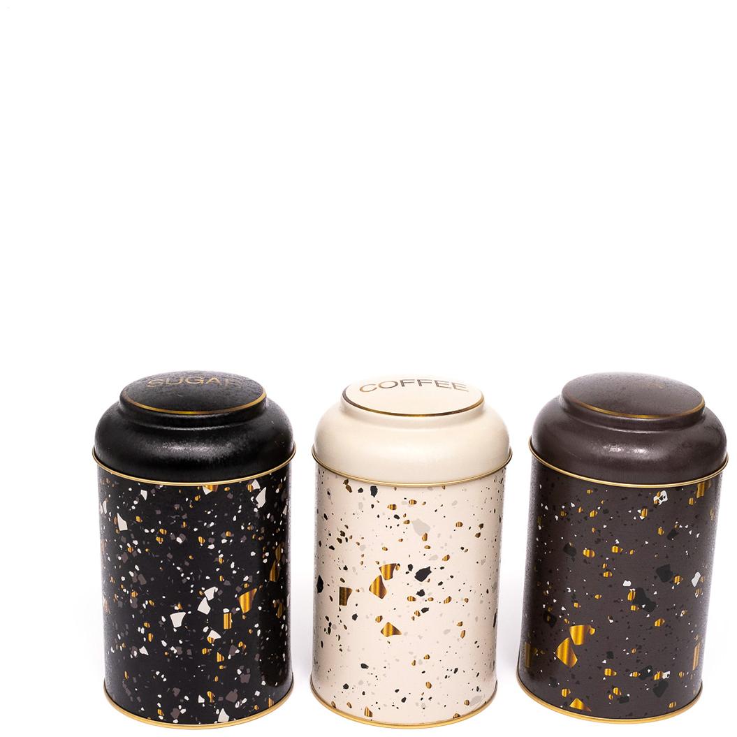 Ø105 x 150 mm Yuvarlak Metal Kutu – 1,2 L, Kubbeli Kapaklı, Terrazo Tasarım — Kutu Setleri — Tinbox