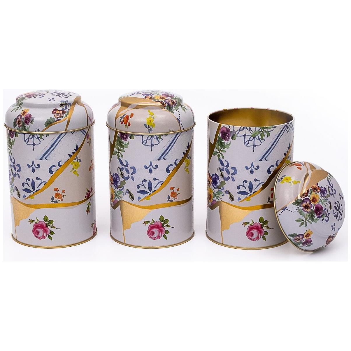 Ø105 x 150 mm Yuvarlak Metal Kutu – 1,2 L, Kubbeli Kapaklı, Kintsugi Altın Damarlı Çiçek Desenli — Kutu Setleri — görsel 3…