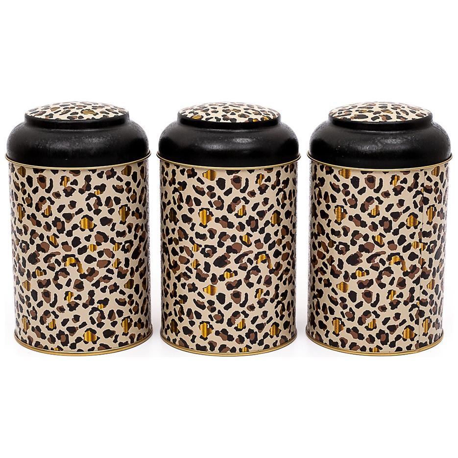 Ø105 x 150 mm Yuvarlak Metal Kutu – 1,2 L, Kubbeli Kapaklı, Altın Leopar Desenli, Leo Tasarımlı — Kutu Setleri — Tinbox