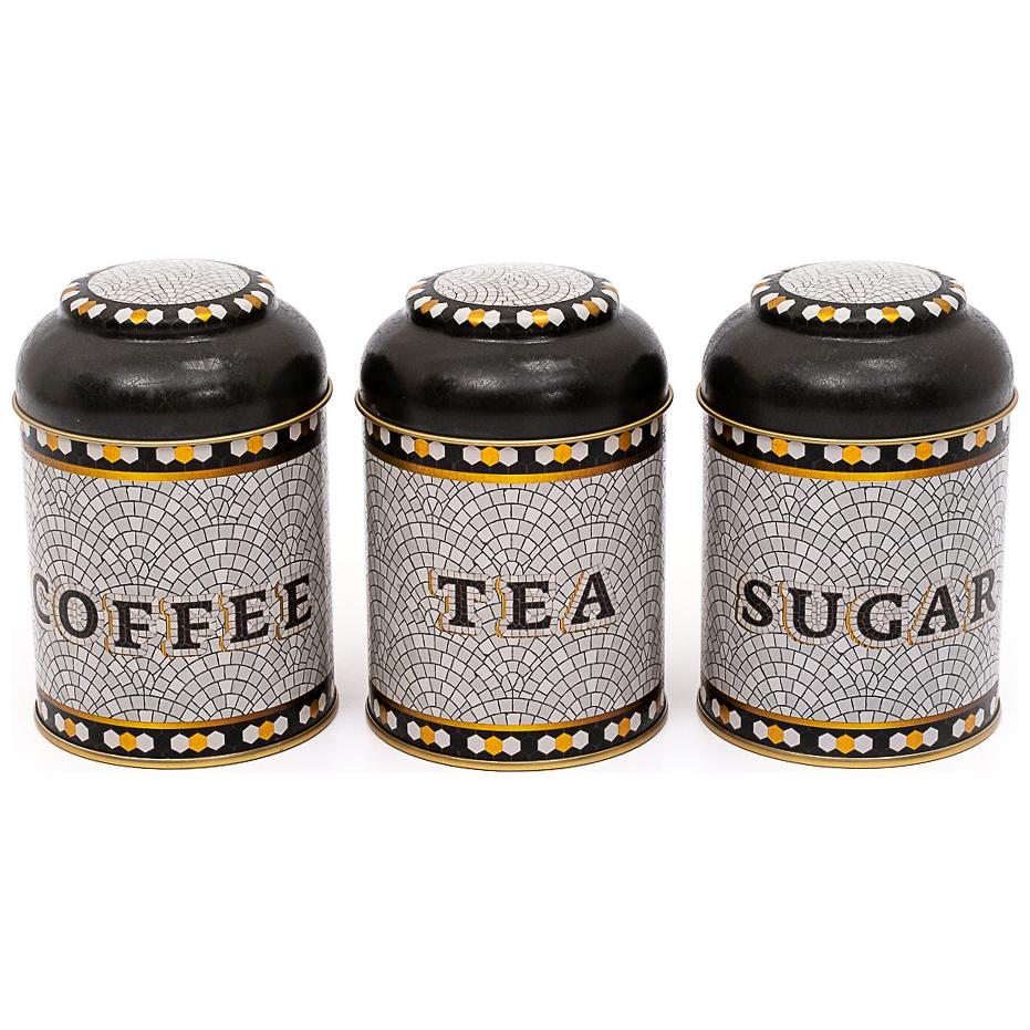 Ø90x100 mm Metal Canister Set (Set of 3) with Dome Lids Geometric Mosaic Pattern Mosaic Design — Box Sets — Tinbox