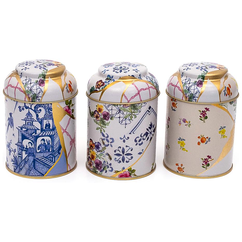 Ø90x100 mm Metal Saklama Kabı Seti (3'lü Set) Kubbeli Kapaklı, Kintsugi Altın Damarlı Çiçek Desenli — Kutu Setleri — Tinbox