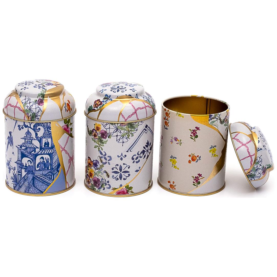 Ø90x100 mm Metal Saklama Kabı Seti (3'lü Set) Kubbeli Kapaklı, Kintsugi Altın Damarlı Çiçek Desenli — Kutu Setleri — görse…