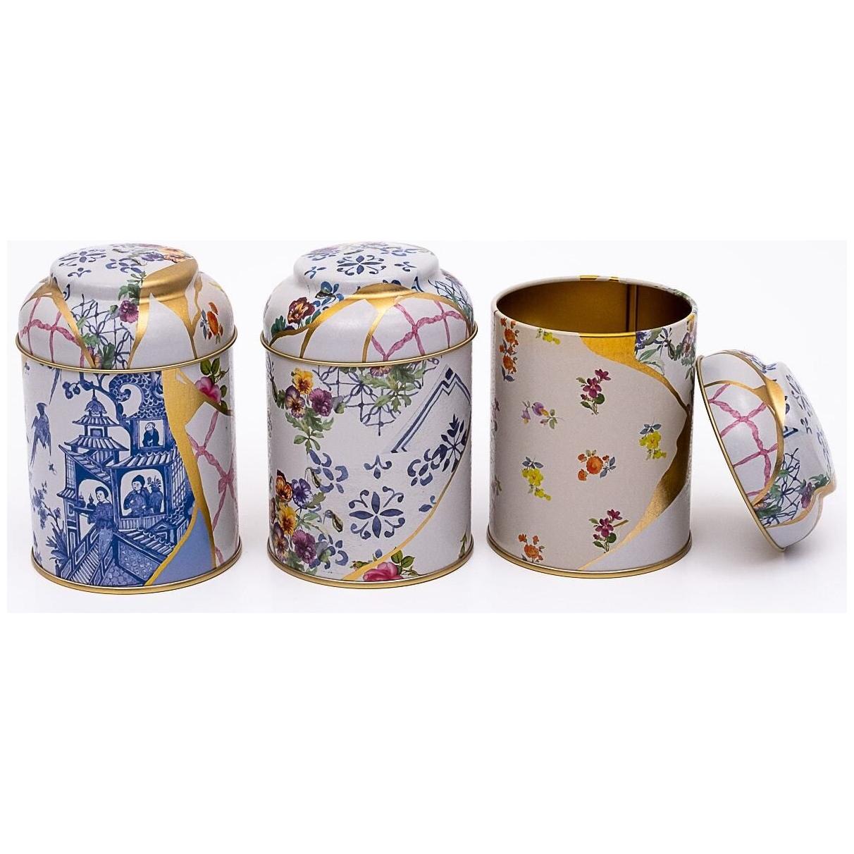 Ø90x100 mm Metal Saklama Kabı Seti (3'lü Set) Kubbeli Kapaklı, Kintsugi Altın Damarlı Çiçek Desenli — Kutu Setleri — görse…