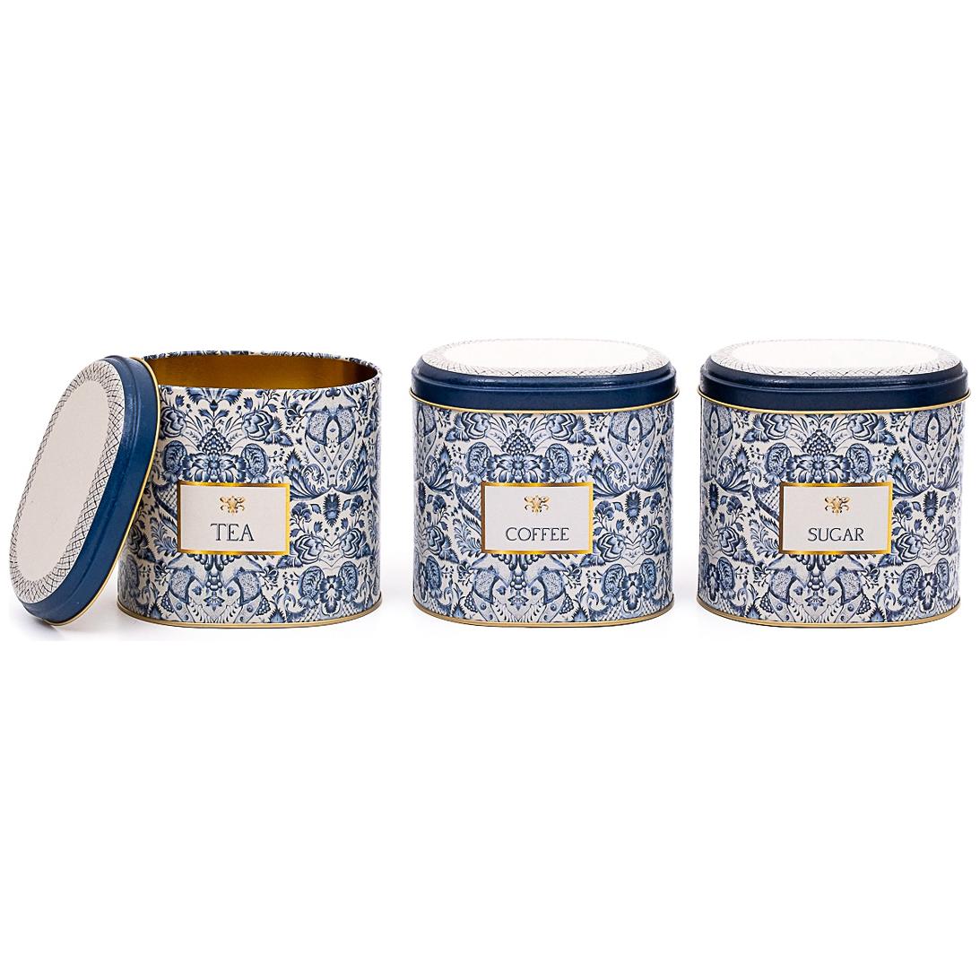 Oval Metal Saklama Kutusu Seti 140 x 120 x 130 mm 1.4L (3'lü Set) Azulejo Esintili Mavi ve Beyaz Dekoratif Desen Azulejos …