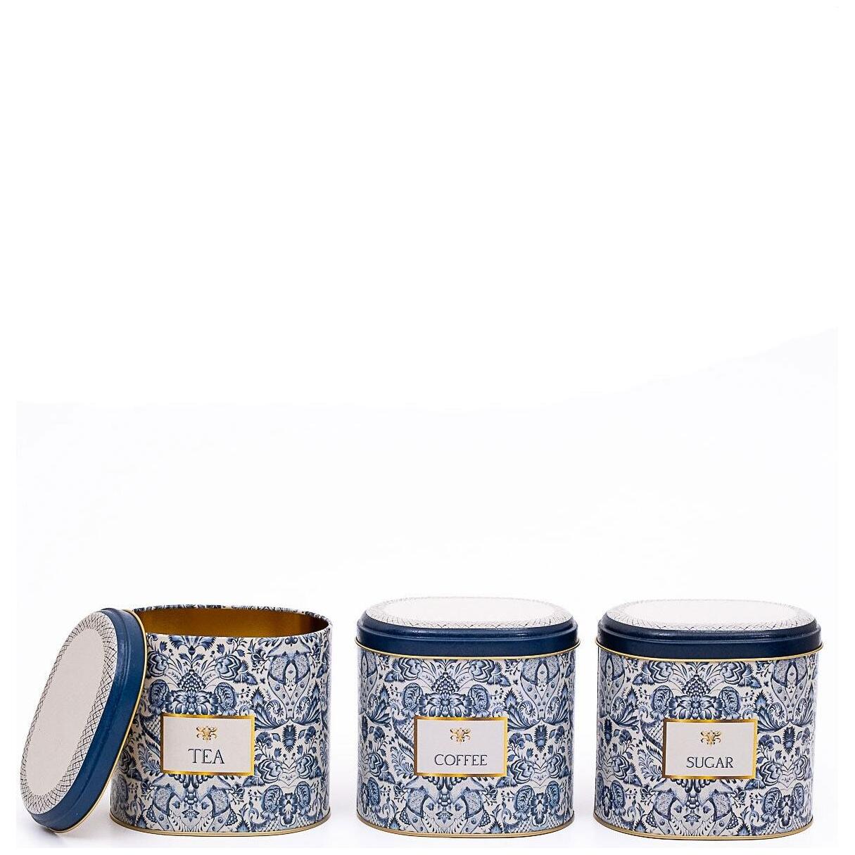 Oval Metal Saklama Kutusu Seti 140 x 120 x 130 mm 1.4L (3'lü Set) Azulejo Esintili Mavi ve Beyaz Dekoratif Desen Azulejos …