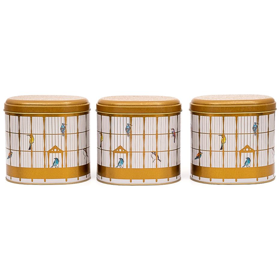 Oval Metal Saklama Kutusu Seti 140 x 120 x 130 mm 1.4L (3'lü Set) Renkli Kuşlu Vintage Kuş Kafesi İllüstrasyonu Kuş Kafesi…