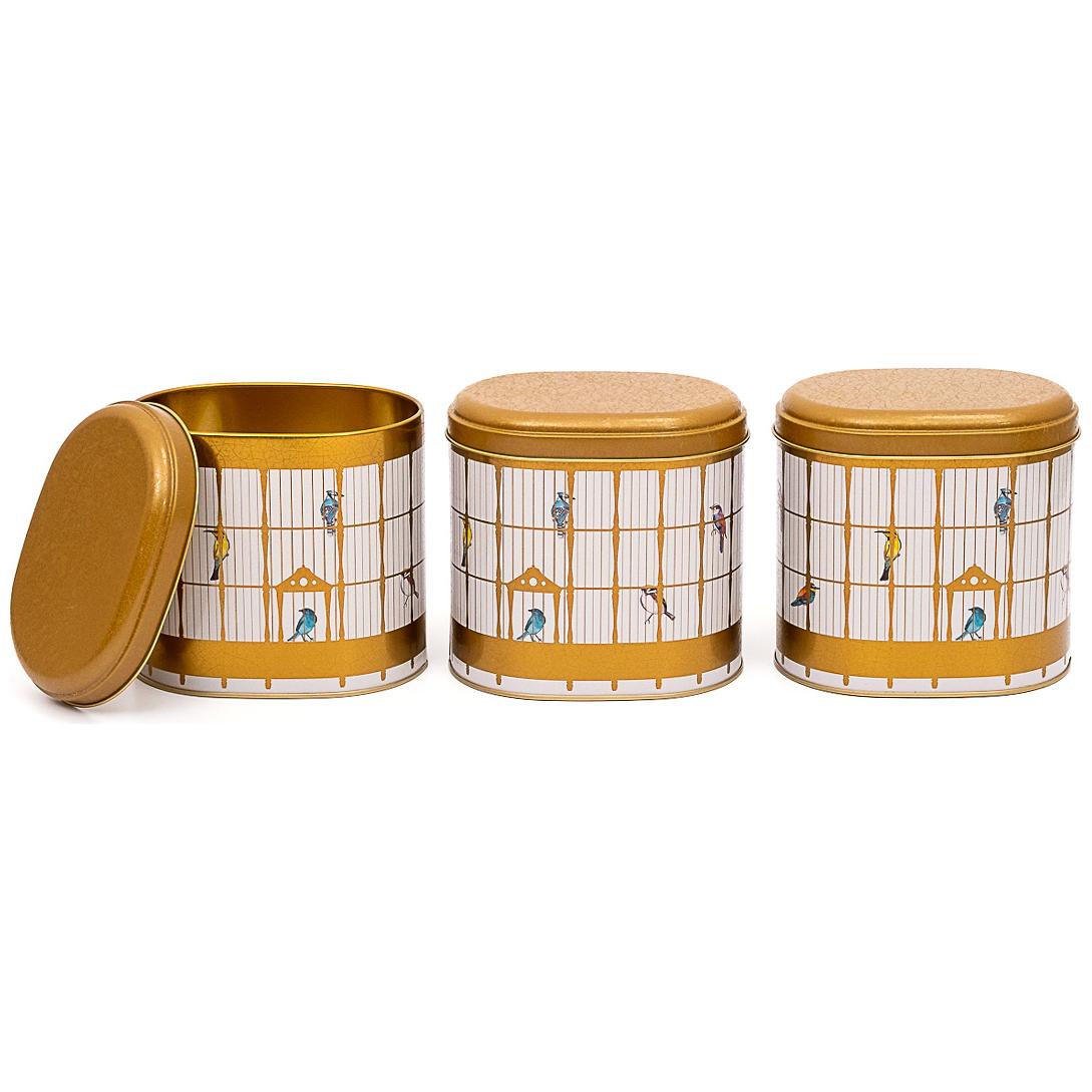 Oval Metal Saklama Kutusu Seti 140 x 120 x 130 mm 1.4L (3'lü Set) Renkli Kuşlu Vintage Kuş Kafesi İllüstrasyonu Kuş Kafesi…