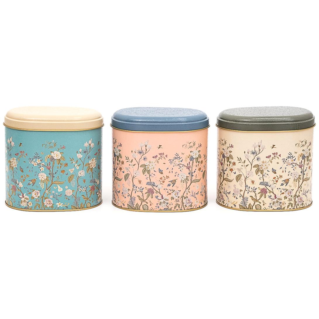 Oval Metal Saklama Kutusu Seti 140 x 120 x 130 mm 1.4L (3'lü Set) Çiçek Desenli Pastel Mavi Botanica Tasarım — Kutu Setler…