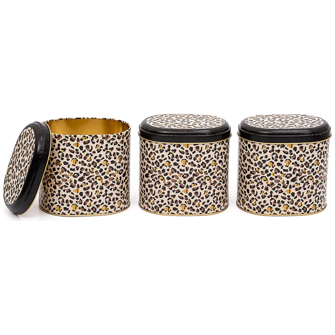 Oval Metal Saklama Kutusu Seti 140 x 120 x 130 mm 1.4L (3'lü Set) Altın Leopar Desenli Leopar Tasarımı — Kutu Setleri — gö…