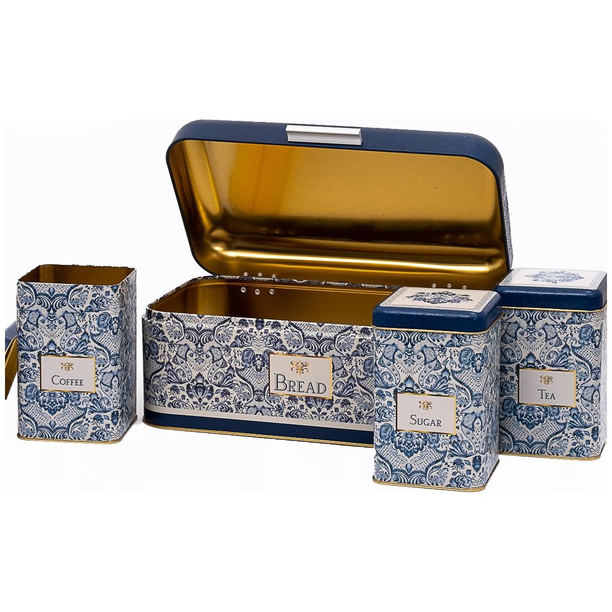 Rectangular Bread Box and Square Tin Box set ( 4 Pcs) Hinged Lid Azulejo-Inspired Blue & White Decorative Pattern Azulejos…