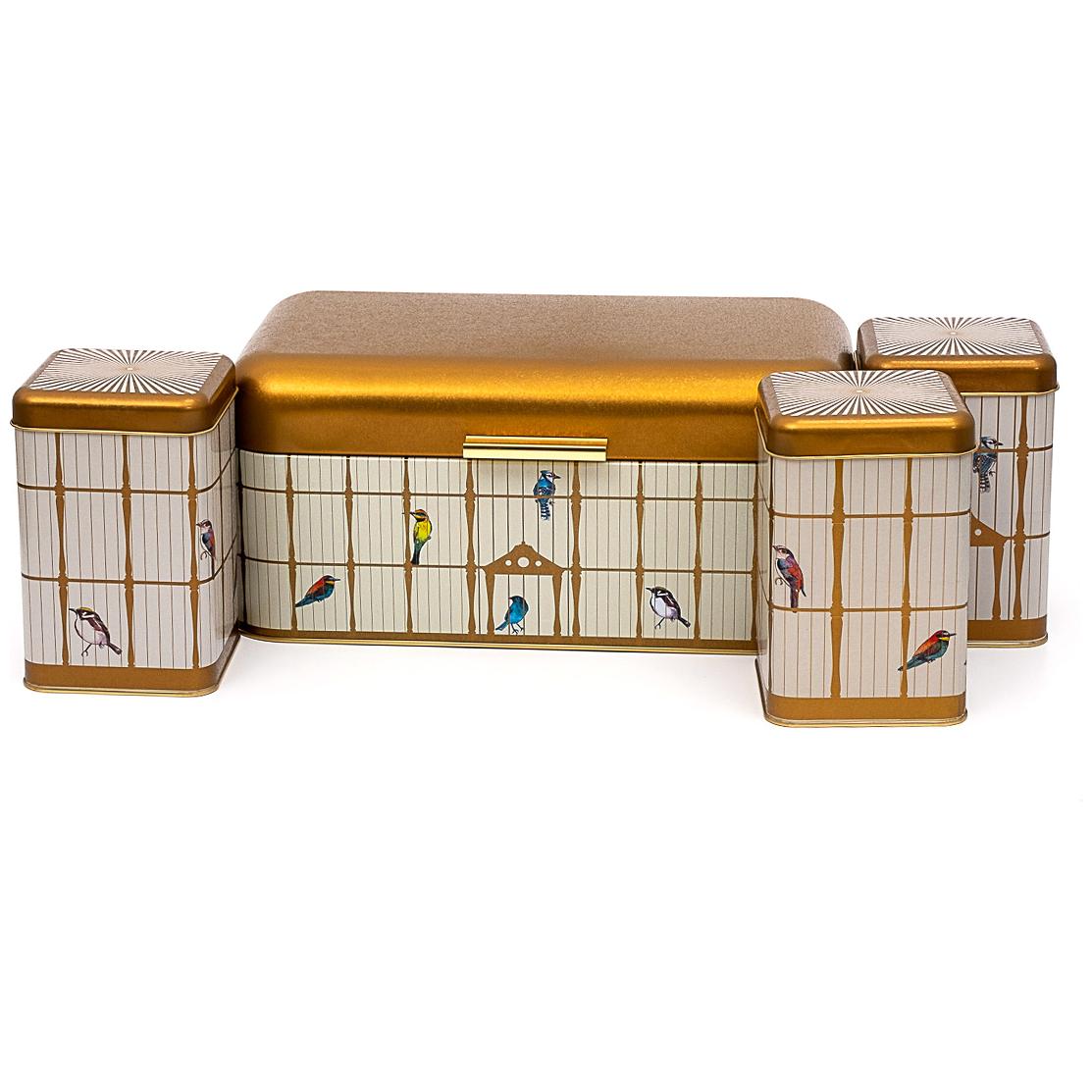 Rectangular Bread Box and Square Tin Box set ( 4 Pcs) Hinged Lid Vintage Birdcage Illustration with Colorful Birds Bird Ca…