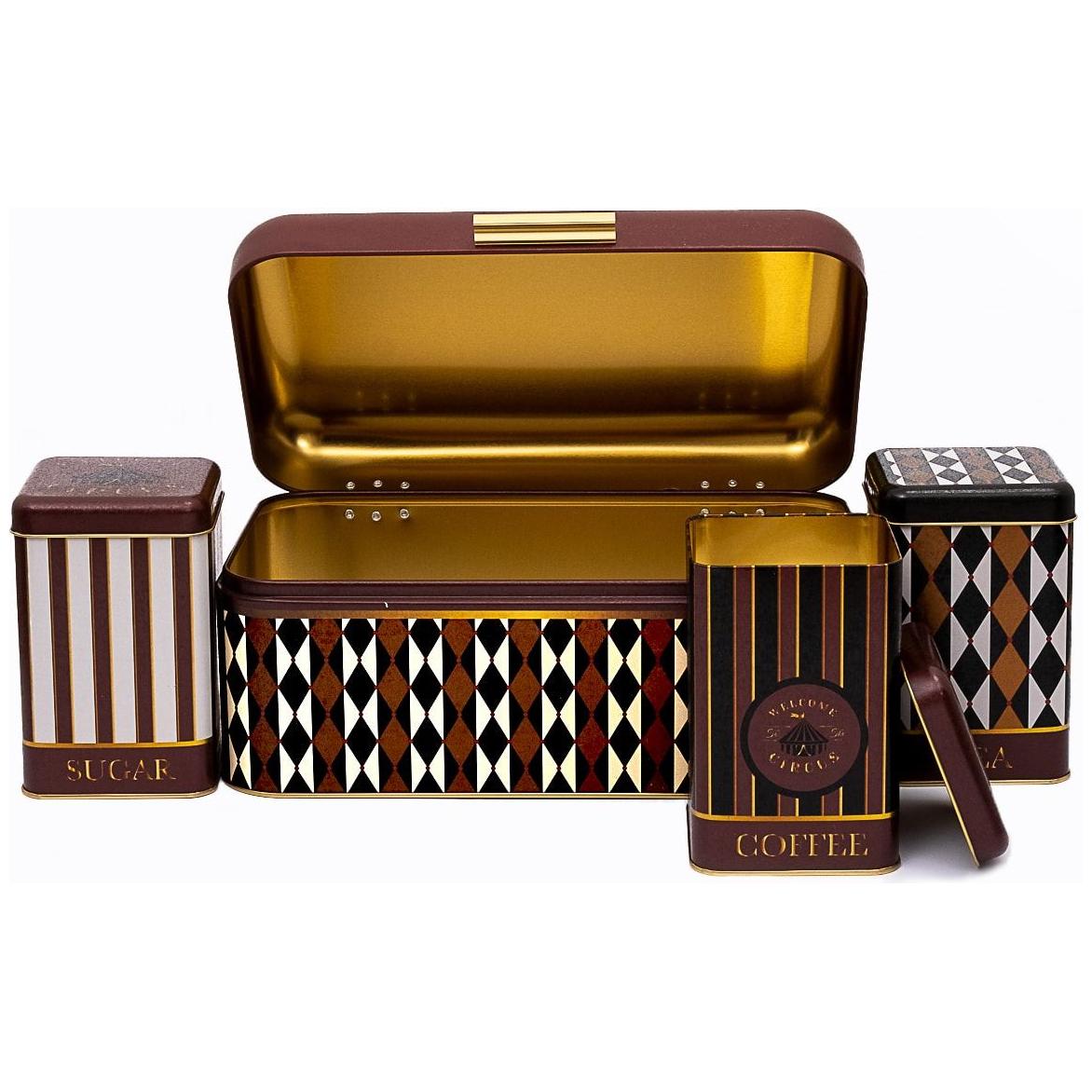 Rectangular Bread Box and Square Tin Box set ( 4 Pcs) Hinged Lid Vintage Circus Elegance Circus Design — Box Sets — view 4…