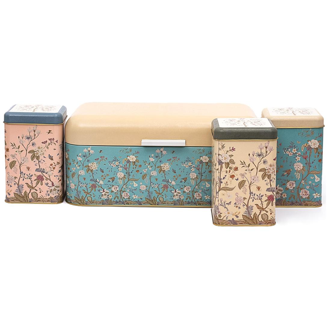 Rectangular Bread Box and Square Tin Box set ( 4 Pcs) Hinged Lid Floral Design Pastel Blue Botanica Design — Box Sets — Ti…