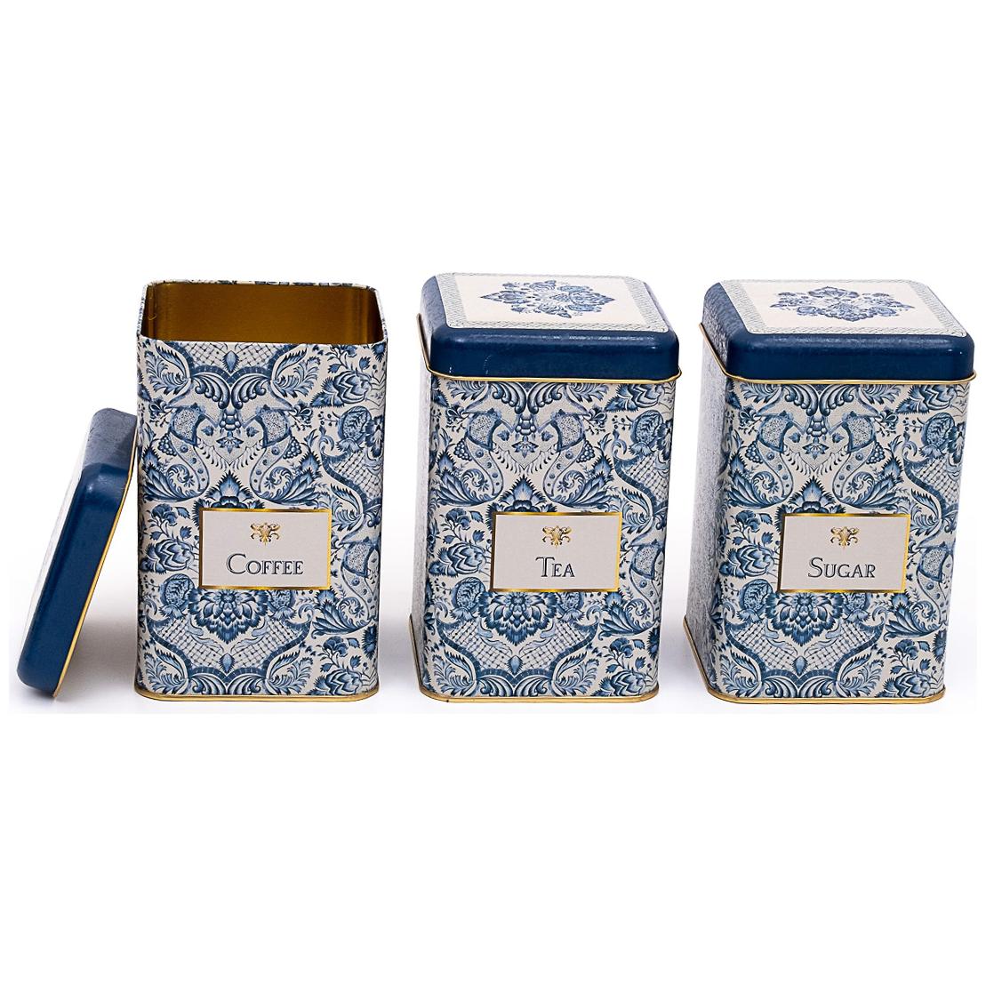 105x105x160 mm Kare Teneke Kutu Seti (3'lü Set) Azulejo Esintili Mavi ve Beyaz Dekoratif Desen Azulejo Tasarımı — Kutu Set…