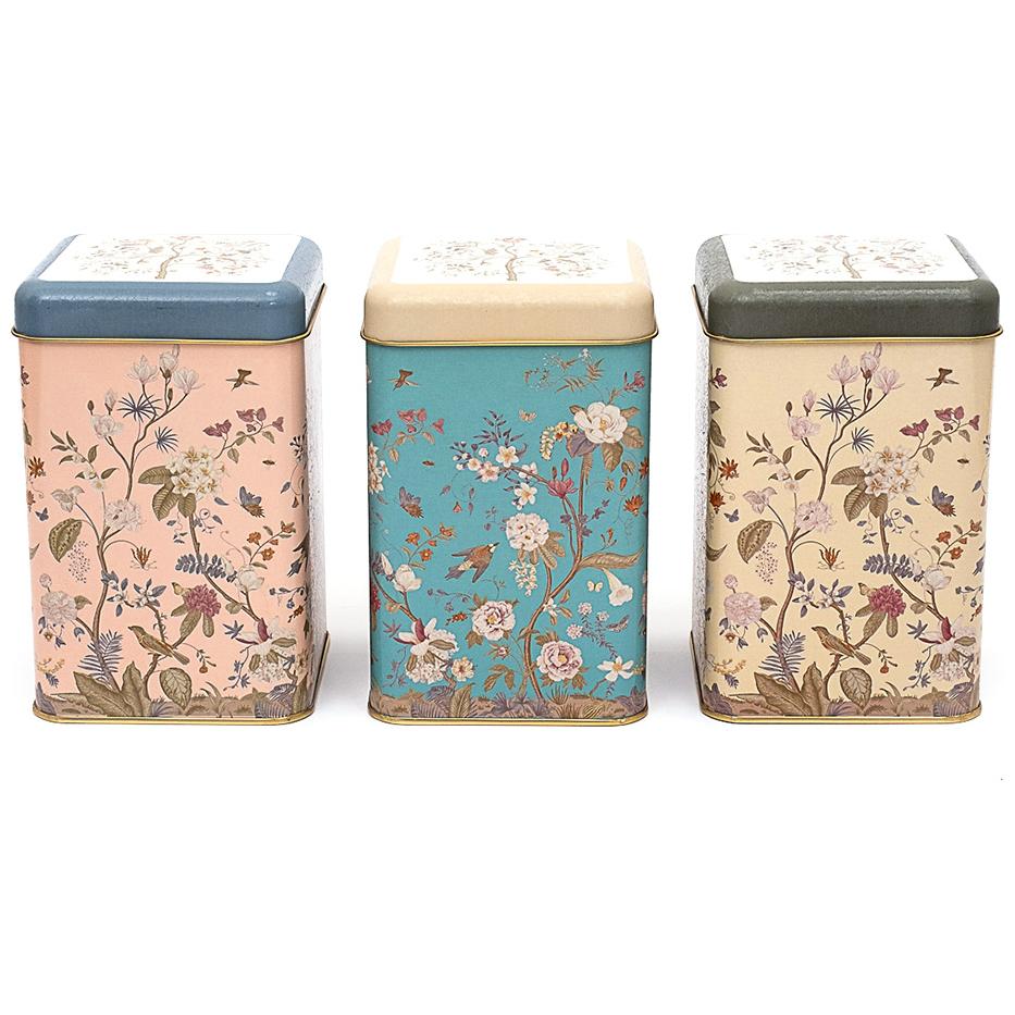 105x105x160 mm Kare Teneke Kutu Seti (3'lü Set) Çiçek Desenli Pastel Mavi Botanica Tasarım — Kutu Setleri — Tinbox