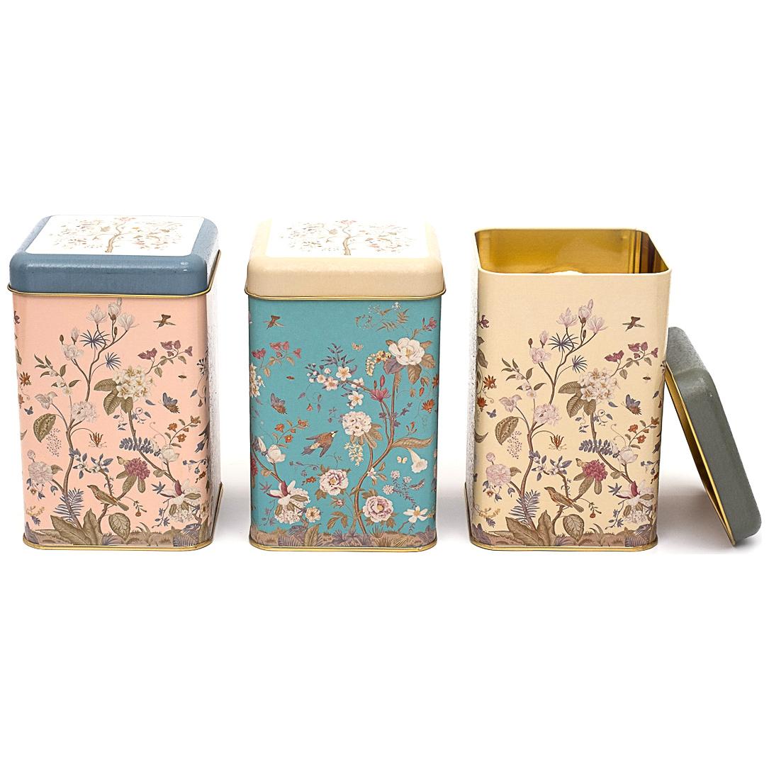 105x105x160 mm Kare Teneke Kutu Seti (3'lü Set) Çiçek Desenli Pastel Mavi Botanica Tasarım — Kutu Setleri — görsel 2 / 2 —…