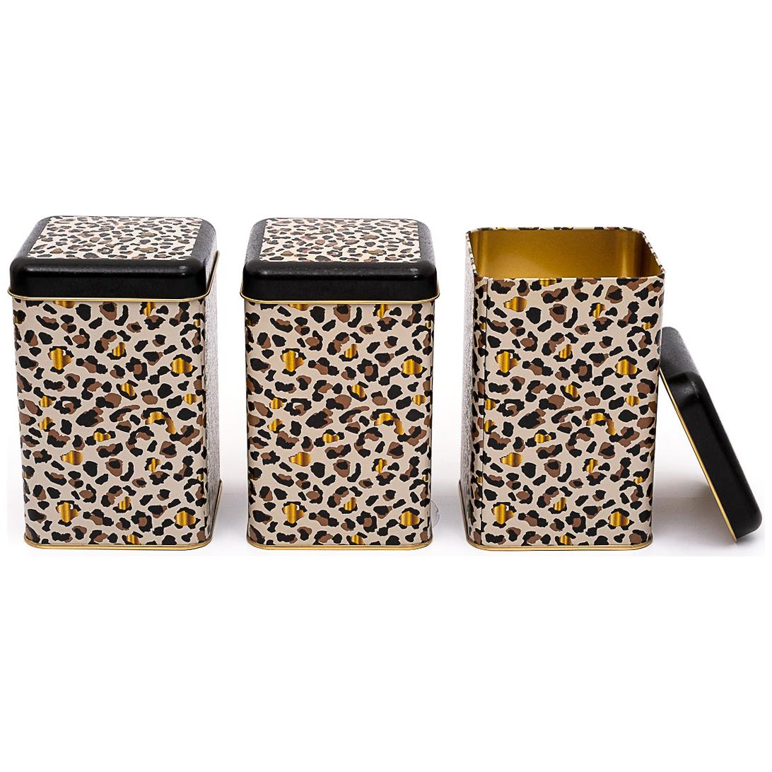 105x105x160 mm Kare Teneke Kutu Seti (3'lü Set) Altın Leopar Baskılı Desen Leo Tasarımı — Kutu Setleri — görsel 2 / 2 — Ti…