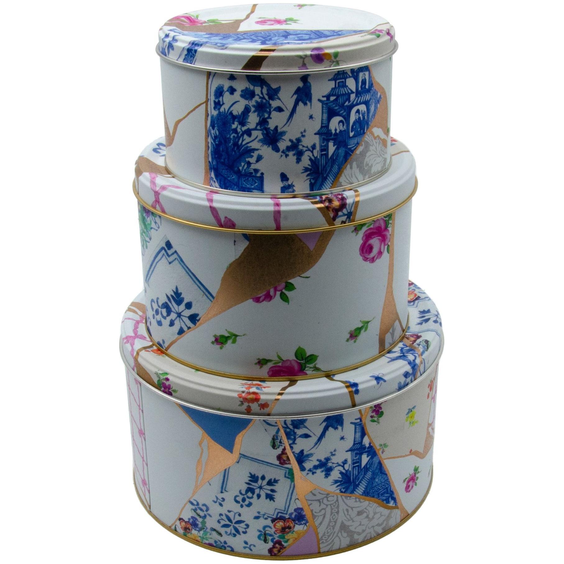 Round Metal Canister Set – Ø215, Ø175, Ø140 mm (Set of 3) slip lid Kintsugi Gold vein Flower Kint Sugi Design — Box Sets —…