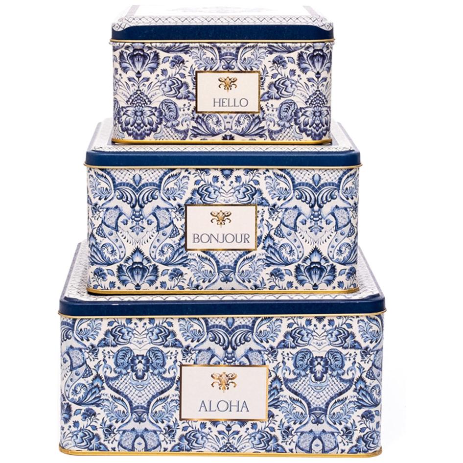 Kare Metal Saklama Kutusu Seti 235mm x 235mm x 110 mm (3'lü Set) Azulejo Esintili Mavi ve Beyaz Dekoratif Desen Azulejo Ta…