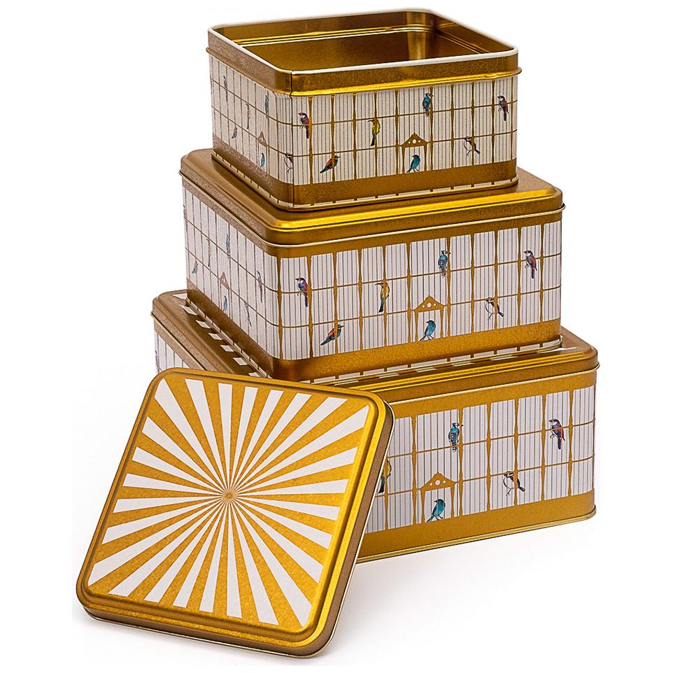 Kare Metal Saklama Kutusu Seti 235mm x 235mm x 110 mm (3'lü Set) Renkli Kuşlu Vintage Kuş Kafesi İllüstrasyonu Kuş Kafesi …