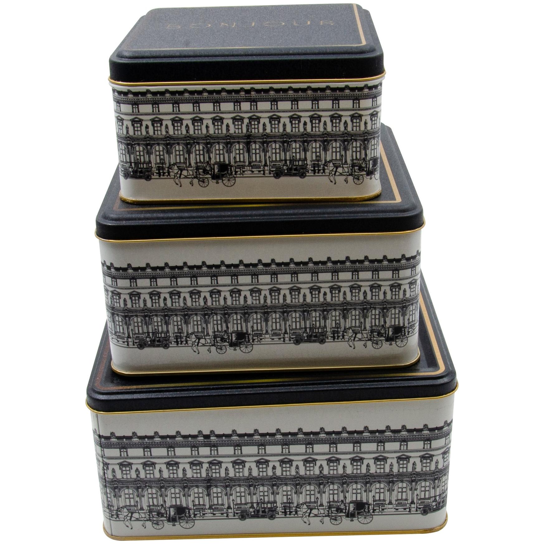 Kare Metal Saklama Kutusu Seti 235mm x 235mm x 110 mm (3'lü Set) Vintage Şehir Manzarası İllüstrasyonu Şehir Tasarımı — Ku…