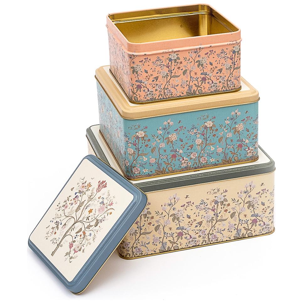 Kare Metal Saklama Kutusu Seti 235mm x 235mm x 110 mm (3'lü Set) Çiçek Desenli Pastel Mavi Botanica Tasarım — Kutu Setleri…