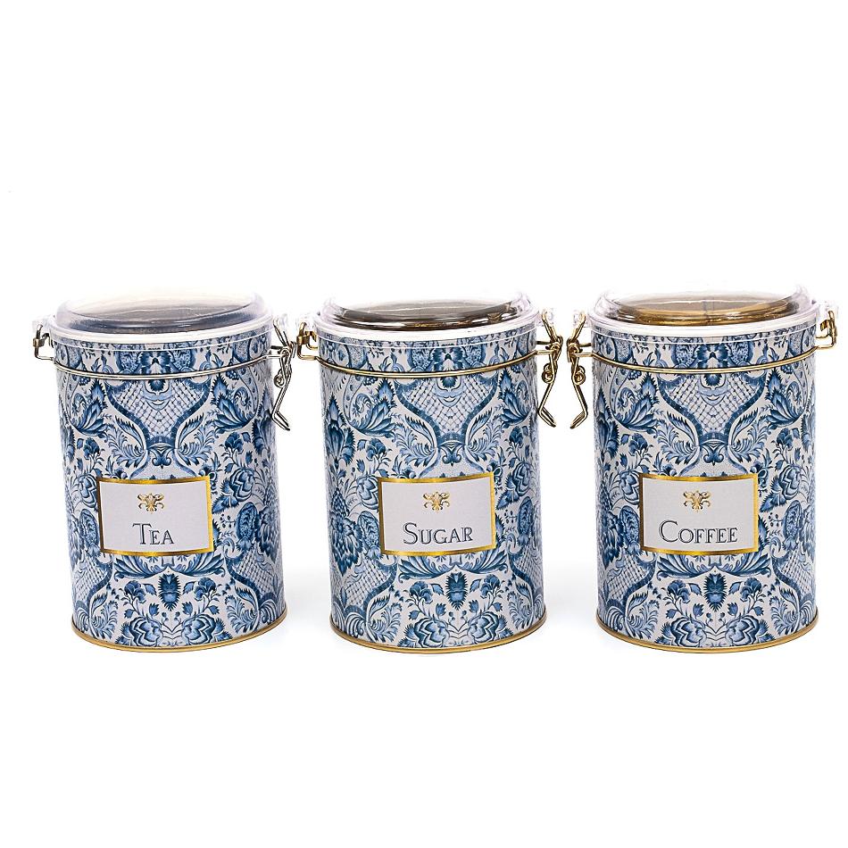 Yuvarlak Metal Kutu Seti (3'lü Set) Ø105x150 mm 1.1L Tel Toka ve Şeffaf Kapak Azulejo Esintili Mavi ve Beyaz Dekoratif Des…