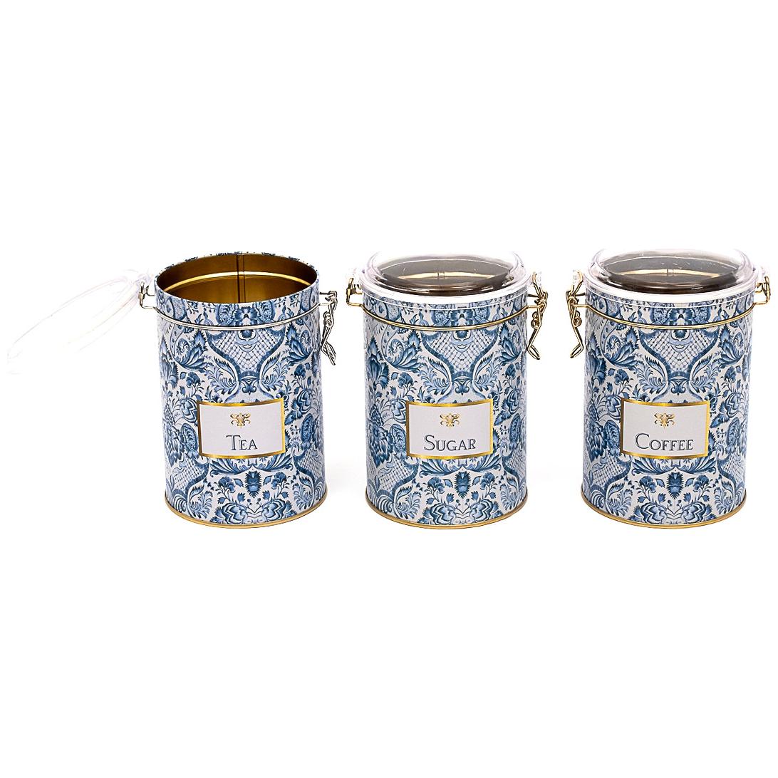 Yuvarlak Metal Kutu Seti (3'lü Set) Ø105x150 mm 1.1L Tel Toka ve Şeffaf Kapak Azulejo Esintili Mavi ve Beyaz Dekoratif Des…