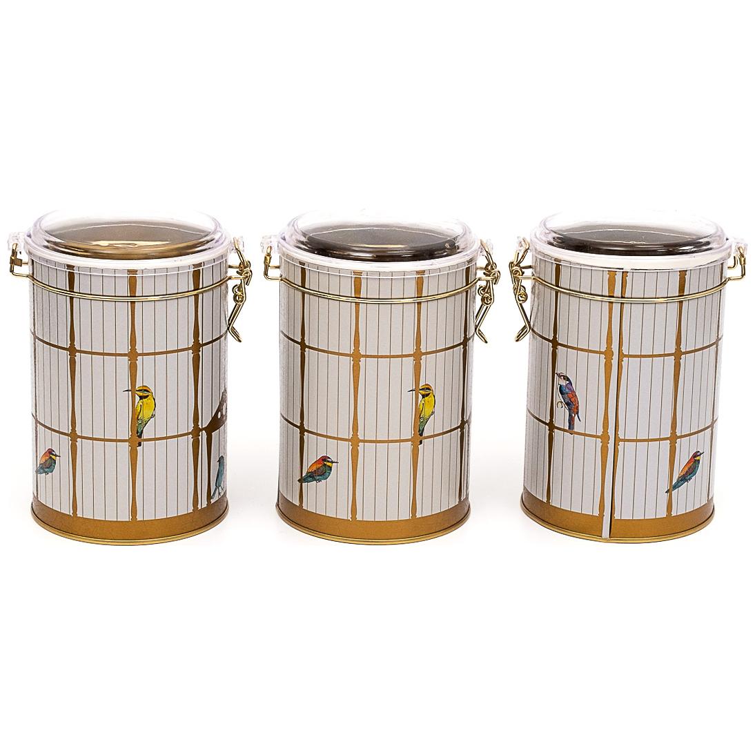 Yuvarlak Metal Kutu Seti (3'lü Set) Ø105x150 mm 1.1L Tel Toka ve Şeffaf Kapaklı, Renkli Kuşlu Vintage Kuş Kafesi İllüstras…