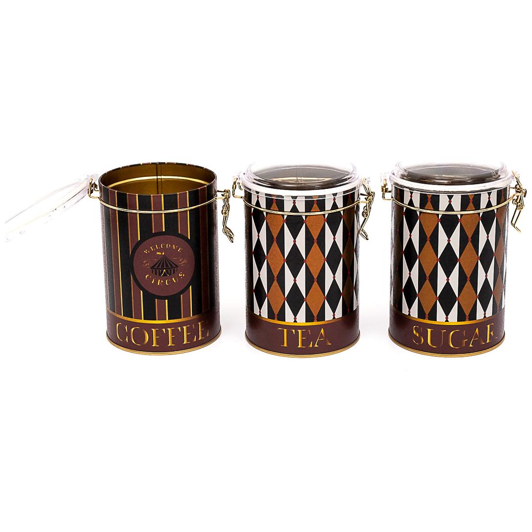 Yuvarlak Metal Kutu Seti (3'lü Set) Ø105x150 mm 1.1L Tel Toka ve Şeffaf Kapaklı Vintage Sirk Şıklığı Sirk Tasarımı — Kutu …